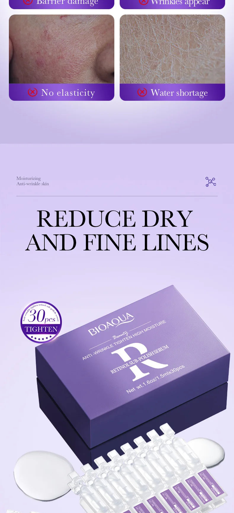 30pcs/box BIOAQUA Retinol Vitamin C Hyaluronic Acid Serum for Face Moisturizing Firming Hydrating Facial Essence Face Skin Care