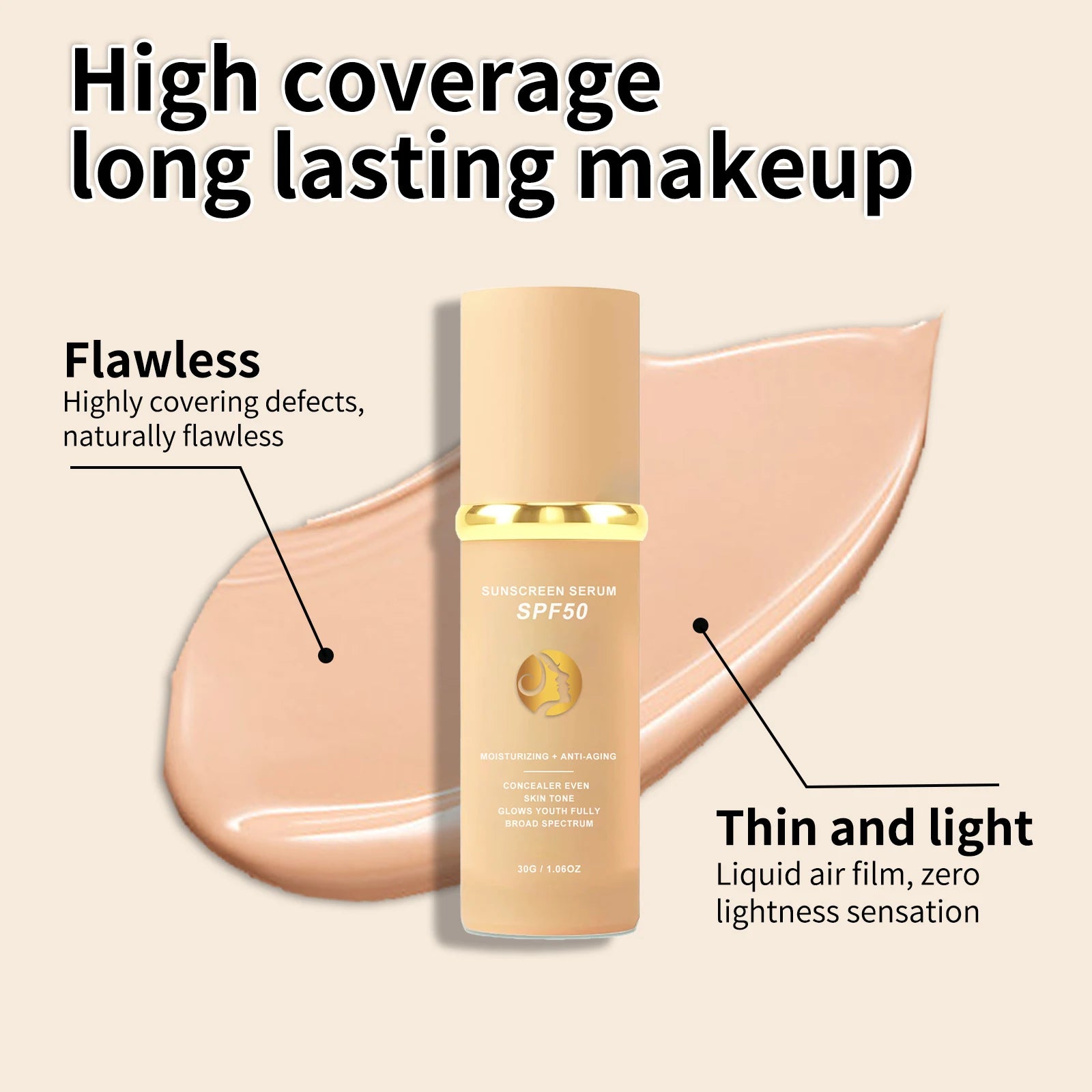 4 in 1 Foundation Sunscreen SPF 50+ Longwearing  Liquid Hydrating Concealer Waterproof Foundation Natural Face Makeup