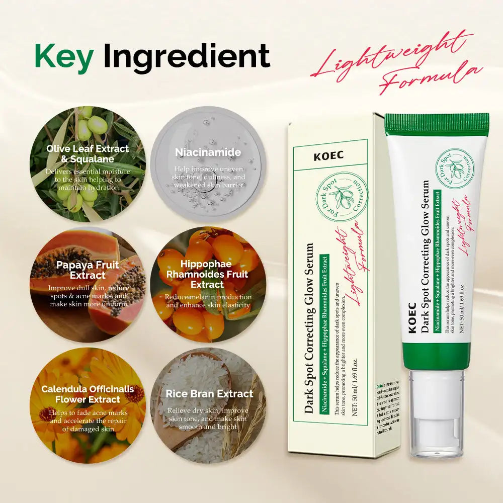 50ml KOEC Dark Spot Correcting Glow Serum Hydrating Soothing Brightening Even Skin Tone Improve Elasticity Niacinamide Squalane